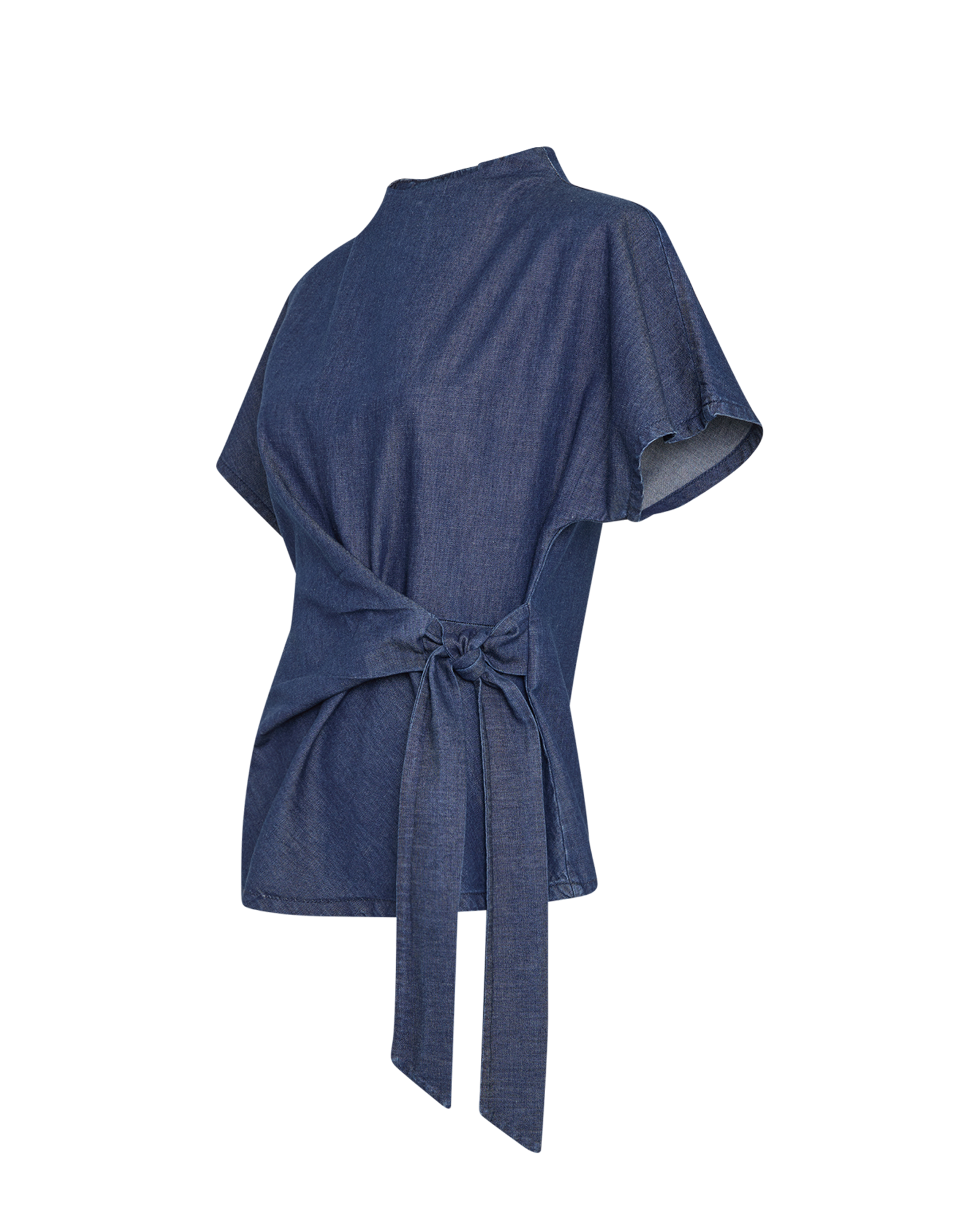 MSCHAleie Ruby SS Denim Top – Mid Blue Washed, close-up