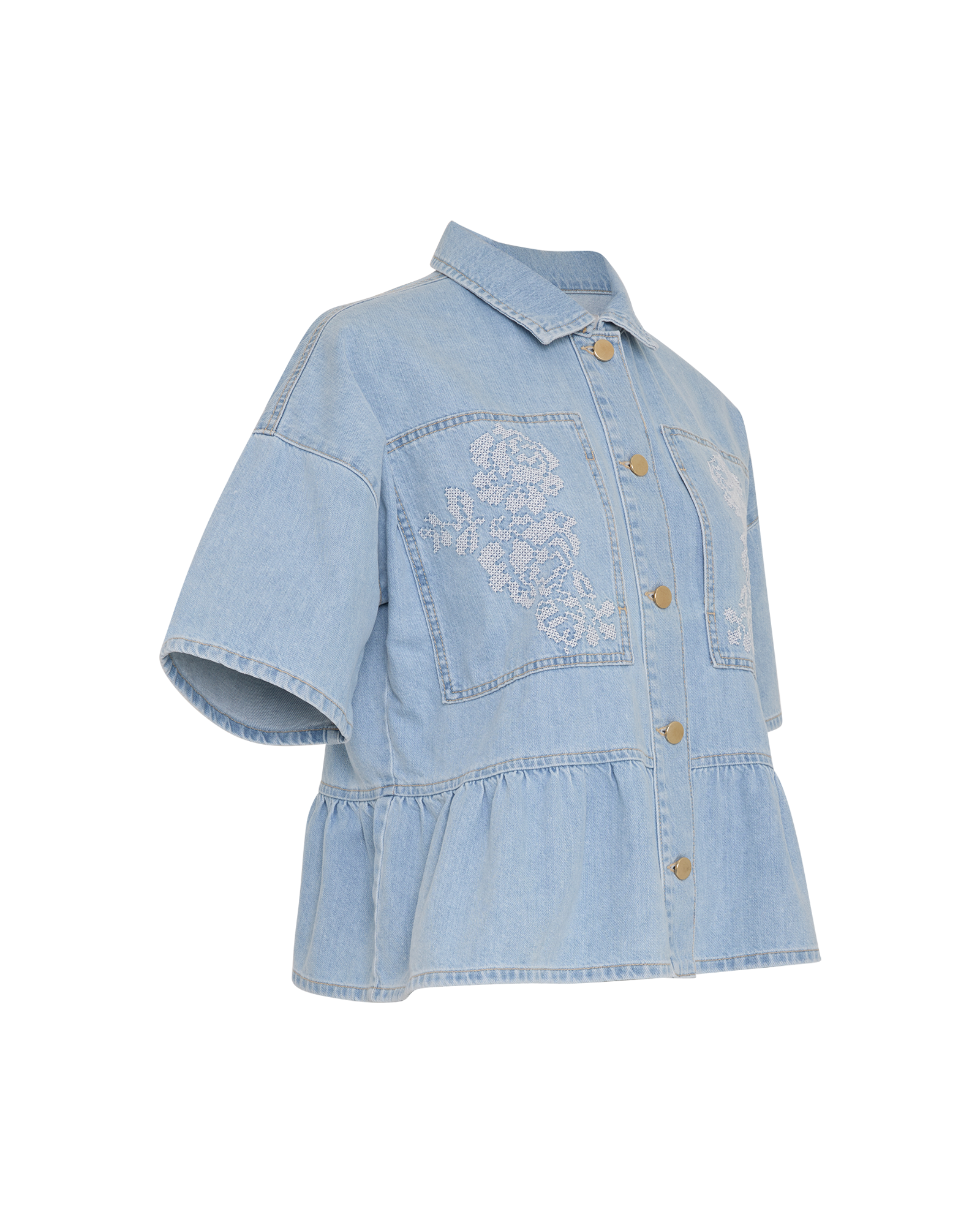 MSCHSie Lis 2/4 Denim Shirt EMB – Light Blue Washed / Flower, close-up